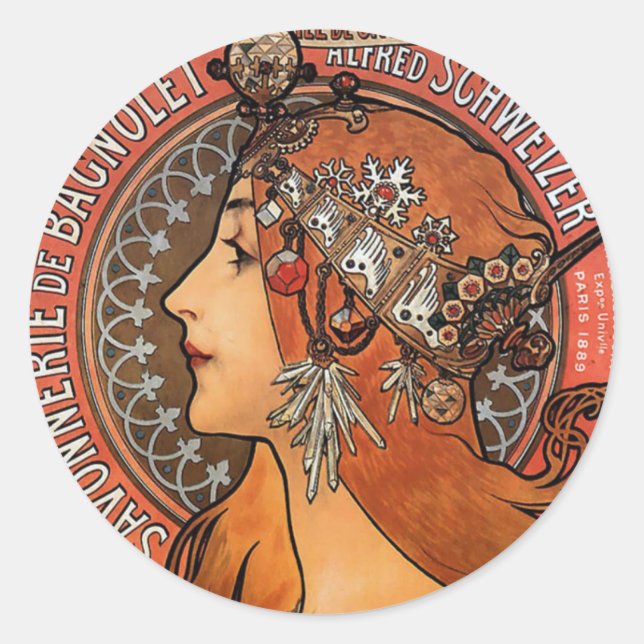 Pegatina Redonda Mucha - Art Nouveau (Anverso)
