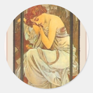Pegatina Redonda Mucha arte deco poster dama vestido largo femenino