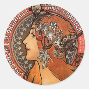 Pegatina Redonda Mucha - arte Nouveau