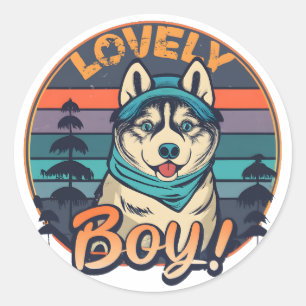 Pegatina Redonda Muchacho adorable Guay Vintage Retro Husky Puppy