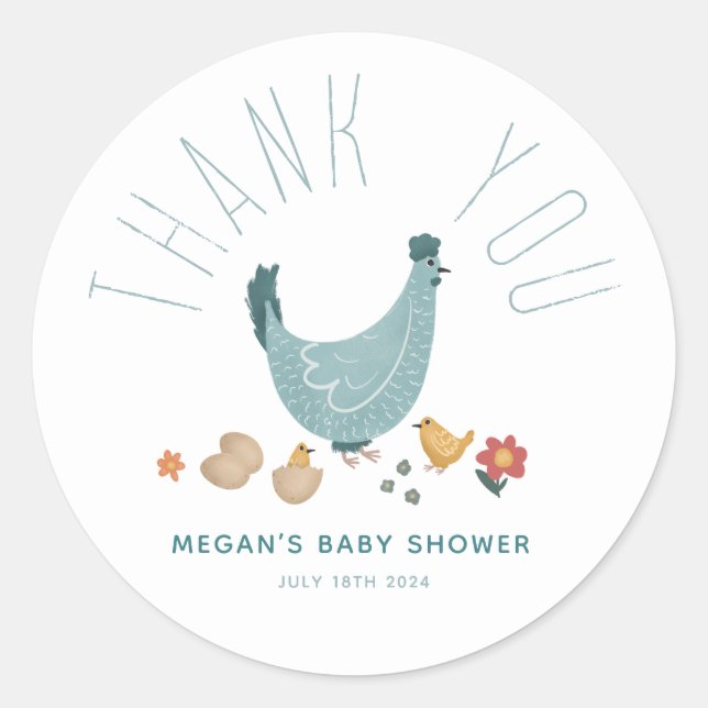 Pegatina Redonda Muchachos Cute Farm Chicken Baby Shower Gracias Po (Anverso)