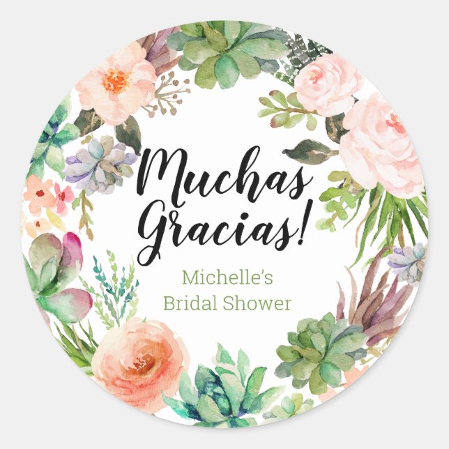 Pegatina Redonda muchas gracias Fiesta Succulent Wreath (Anverso)