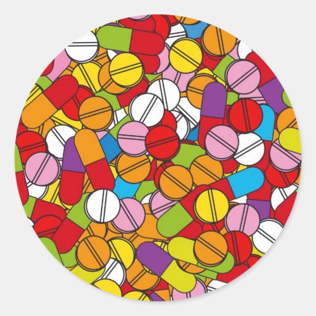 Pegatina Redonda Muchas pastillas (Anverso)