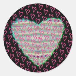 Pegatina Redonda Muchos alegres corazones verdes y rosados felices