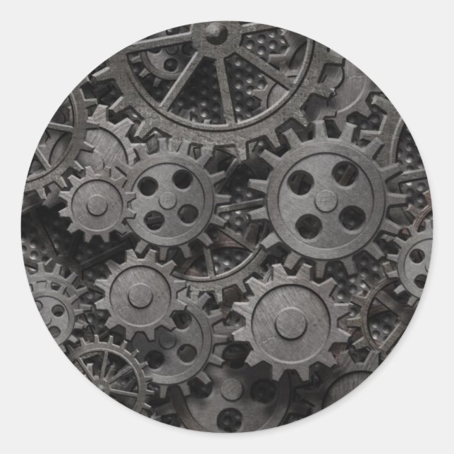 Pegatina Redonda Muchos engranajes metalizado oxidados o piezas de  (Anverso)