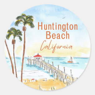 Pegatina Redonda Muelle de Huntington Beach California