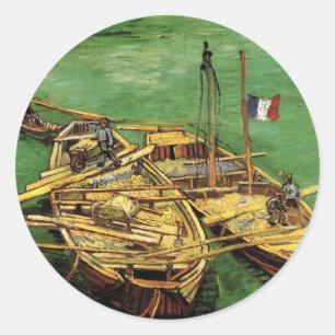 Pegatina Redonda Muelle de Van Gogh con hombres descargando barcaza