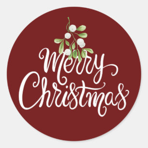 Pegatina Redonda Muérdago Burgundy Elegante Script Navidad
