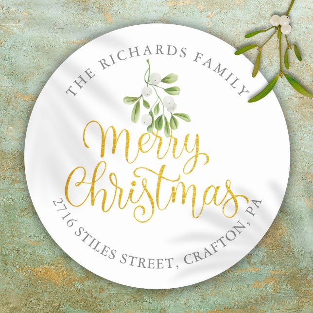 Pegatina Redonda Muérdago Dorado Feliz Navidad Dirección de Devoluc (Mistletoe Gold Merry Christmas Return Address Classic Round Sticker)