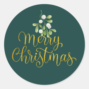 Pegatina Redonda Muérdago Elegant Script Gold Feliz Navidad