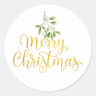 Pegatina Redonda Muérdago Elegante Navidad Feliz Navidad en letra d