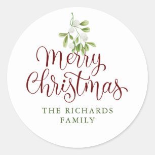 Pegatina Redonda Muérdago Feliz Navidad Nombre de Familia Personali