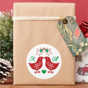 Pegatina Redonda Muérdago Inicial De Navidad Besando Pollitos Fiest