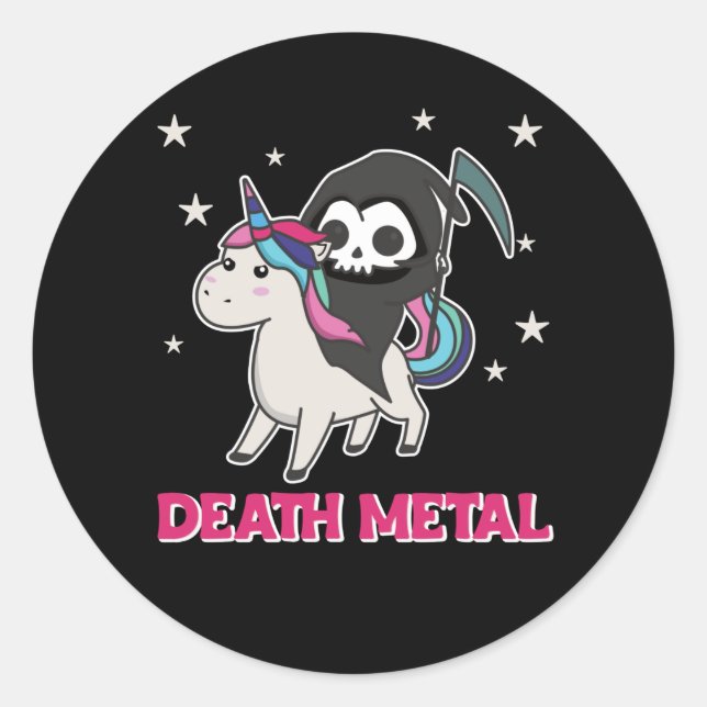 Pegatina Redonda Muerte Metalizado: Unicornio muere en paro (Anverso)
