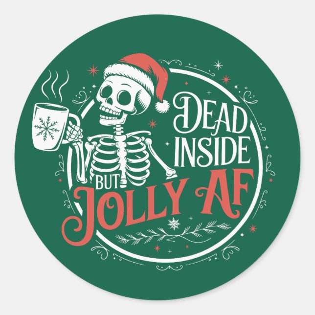 Pegatina Redonda Muerto adentro pero Jolly Af Skull Santa Claus Nav (Anverso)