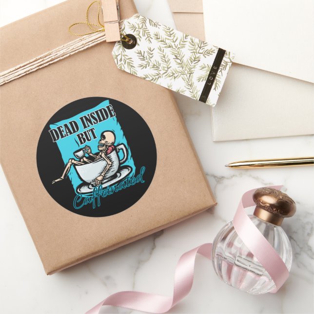 Pegatina Redonda Muerto Dentro Pero Café Cafeado Amo Skeleton (Regalar)