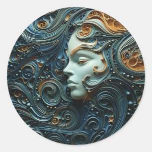 Pegatina Redonda Mujer a la luz de la luna Arte 3D