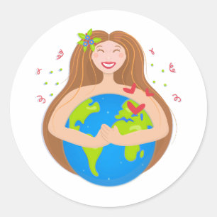Pegatina Redonda Mujer abrazando el planeta Tierra