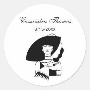 Pegatina Redonda Mujer Art Déco con sombrero grande guantes RL