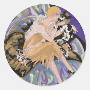 Pegatina Redonda Mujer Art Déco Vintage con Gato de S. Chompre
