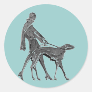 Pegatina Redonda Mujer Art Deco y perro