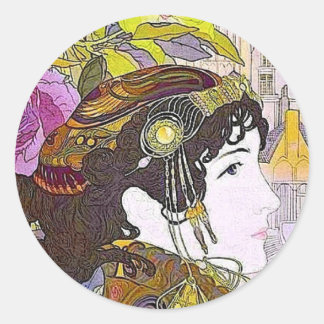 Pegatina Redonda Mujer Art Nouveau