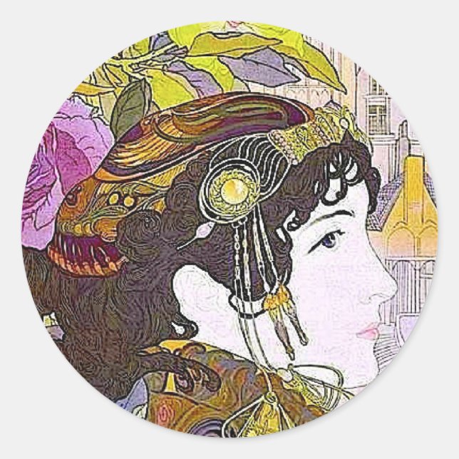 Pegatina Redonda Mujer Art Nouveau (Anverso)