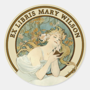Pegatina Redonda Mujer Art Nouveau y plantilla de libro Mucha Ex Li