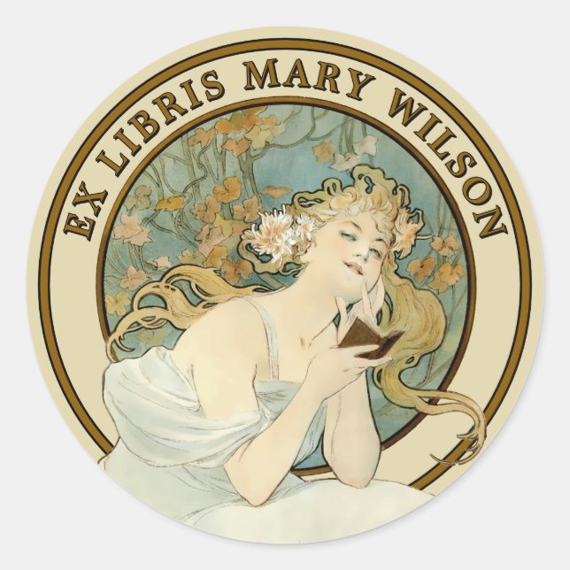 Pegatina Redonda Mujer Art Nouveau y plantilla de libro Mucha Ex Li (Anverso)