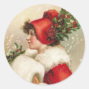 Pegatina Redonda Mujer bonito en tarjetas navideñas victorianas esc