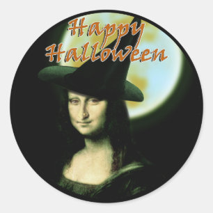Pegatina Redonda Mujer bruja Mona Lisa Halloween