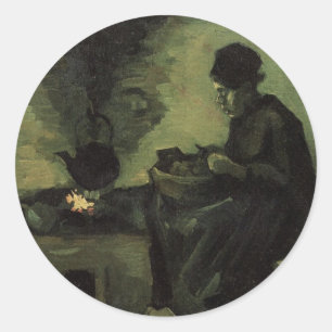 Pegatina Redonda Mujer campesina junto a la chimenea de Vincent van