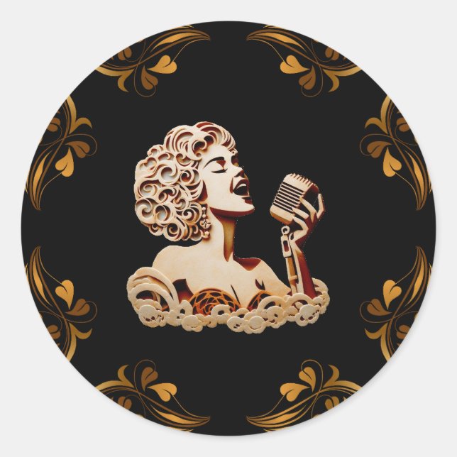 Pegatina Redonda Mujer cantando papel artesanal arte musical (Anverso)