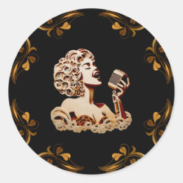 Pegatina Redonda Mujer cantando papel artesanal arte musical