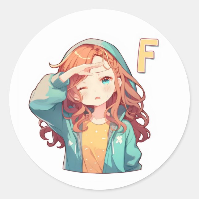 Pegatina Redonda Mujer Chica Anime Letra F (Anverso)