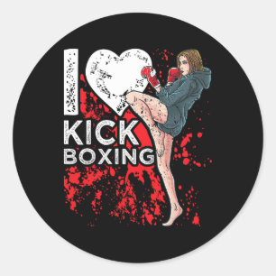Pegatina Redonda Mujer Chica Kickboxer Me encanta el kickboxing 