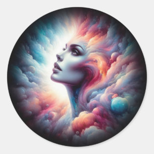 Pegatina Redonda Mujer con cabello de Aura cósmico