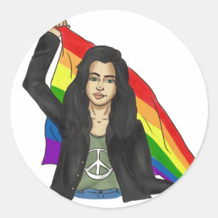 Pegatina Redonda Mujer con camiseta de la paz con bandera del arcoí
