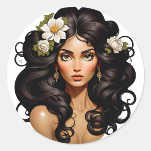 Pegatina Redonda Mujer con flores en el pelo.