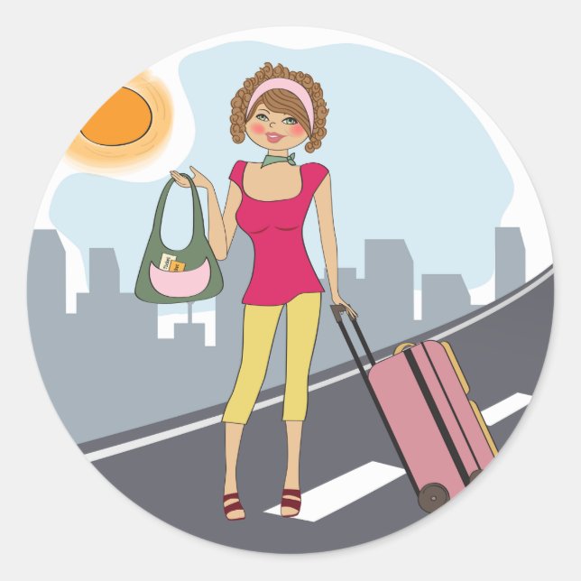 Pegatina Redonda Mujer Con Maleta (Anverso)