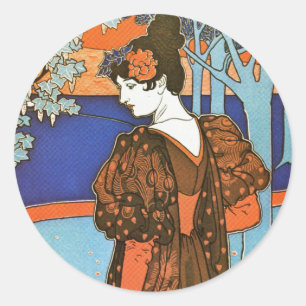 Pegatina Redonda Mujer con pavos reales - Louis Rhead