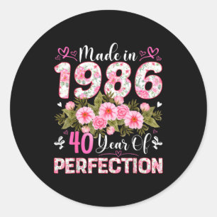 Pegatina Redonda Mujer de 40 años hecha en 1986 Floral cumpleaños 4