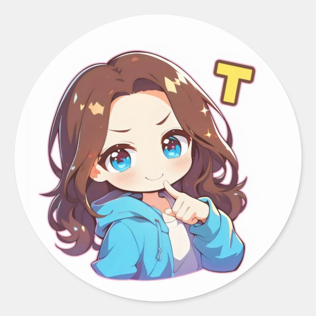 Pegatina Redonda Mujer de Anime de la Letra T (Anverso)
