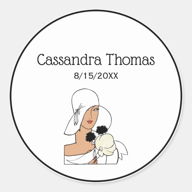 Pegatina Redonda Mujer de estilo Art Déco con flores de época con G (Anverso)