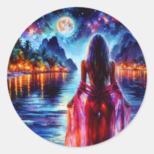 Pegatina Redonda Mujer de fantasía tropical bajo la luz de la luna 