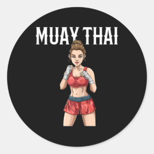 Pegatina Redonda Mujer de Muay Thai - Boxeo y Kickboxing tailandés