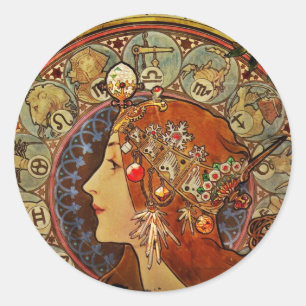 Pegatina Redonda Mujer de Zodiak por Mucha