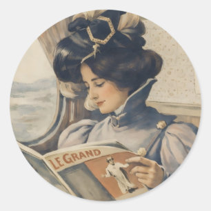 Pegatina Redonda Mujer eduardiana vintage leyendo en un tren
