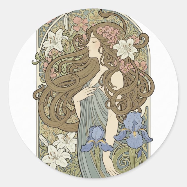 Pegatina Redonda Mujer elegante de Art Nouveau (Anverso)