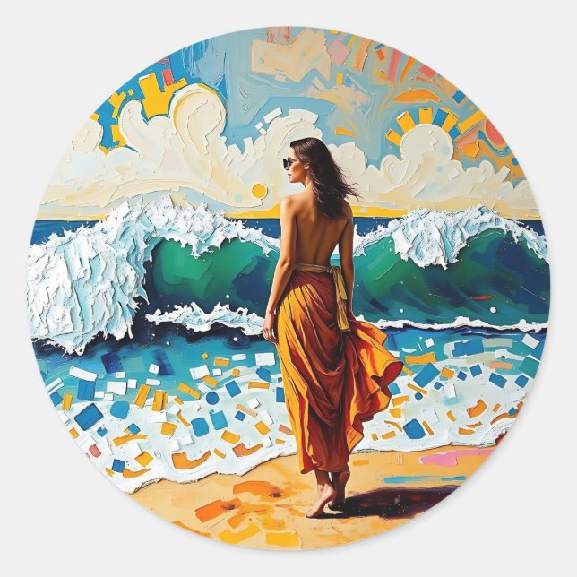 Pegatina Redonda Mujer en Arte Abstracto de Playa Costera (Anverso)